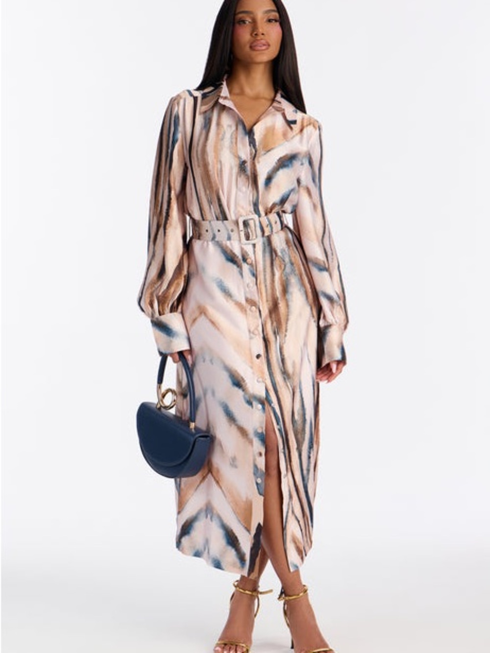 Fashion Nova Marble-Print Midi Shirt Dress in Beige and Blue
